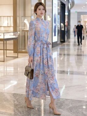 Light Blue Floral Tie-Waist Maxi Dress S/M